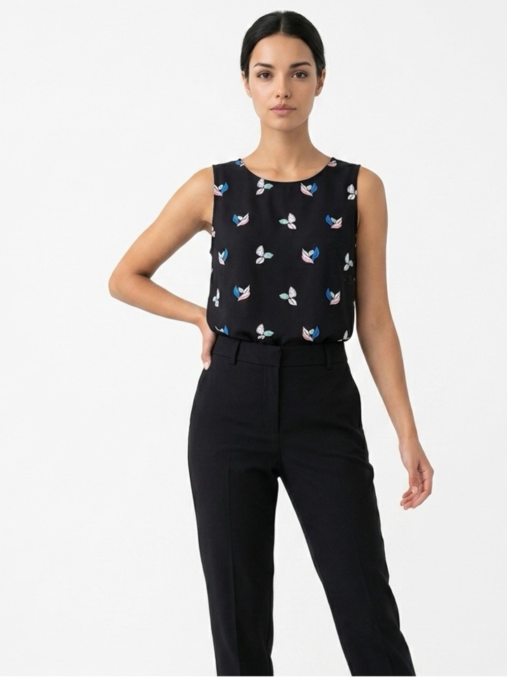A|X Armani Exchange Black Tank with Blue, Pink & Mint Leaf Print Large